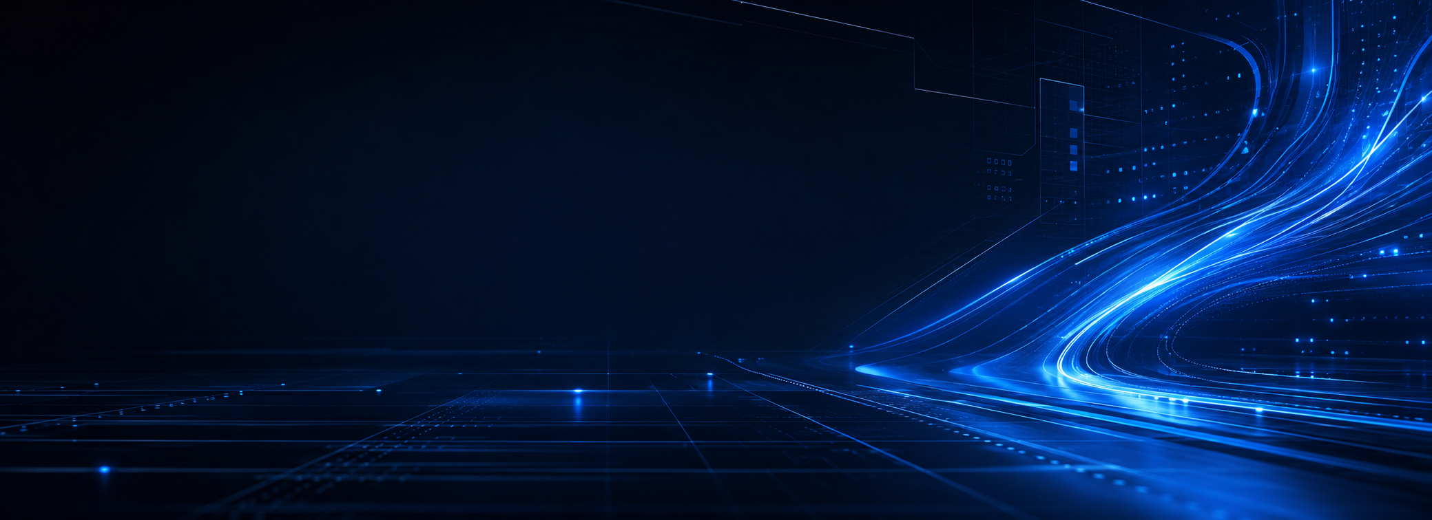 Abstract blue digital light trails flowing through a dark technology landscape
